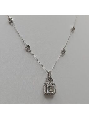 Sterling Silver Pave Cluster Necklace with Clear Square & Circle Diamonds